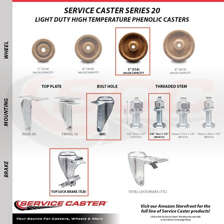 Service Caster 5 Inch High Temp Phenolic Swivel 3/8 Inch Threaded Stem Caster Set with Brake SCC-TS20S514-PHSHT-TLB-381615-4